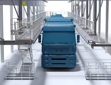 Werkbordes aan beide zijde met leuningen rondom en frontvalbeveiliging. Werkbordes aan beide zijde met leuningen rondom en frontvalbeveiliging.