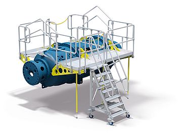 Onderhoudsbordes met valbeveiliging direct aan de machine bevestigd Onderhoudsbordes met valbeveiliging direct aan de machine bevestigd