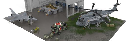 Halle mit Hubschrauber, welcher eine Sonderarbeitsplattform daneben hat. Ein Kampfflugzeug mit einer Anlegeleiter. Genauso wie ein Panzer mit Sonderkonstruktion einer Plattformbühne zum Warten. Und ein Mitlitärsanitätsfahrzeug mit Sonderkisten